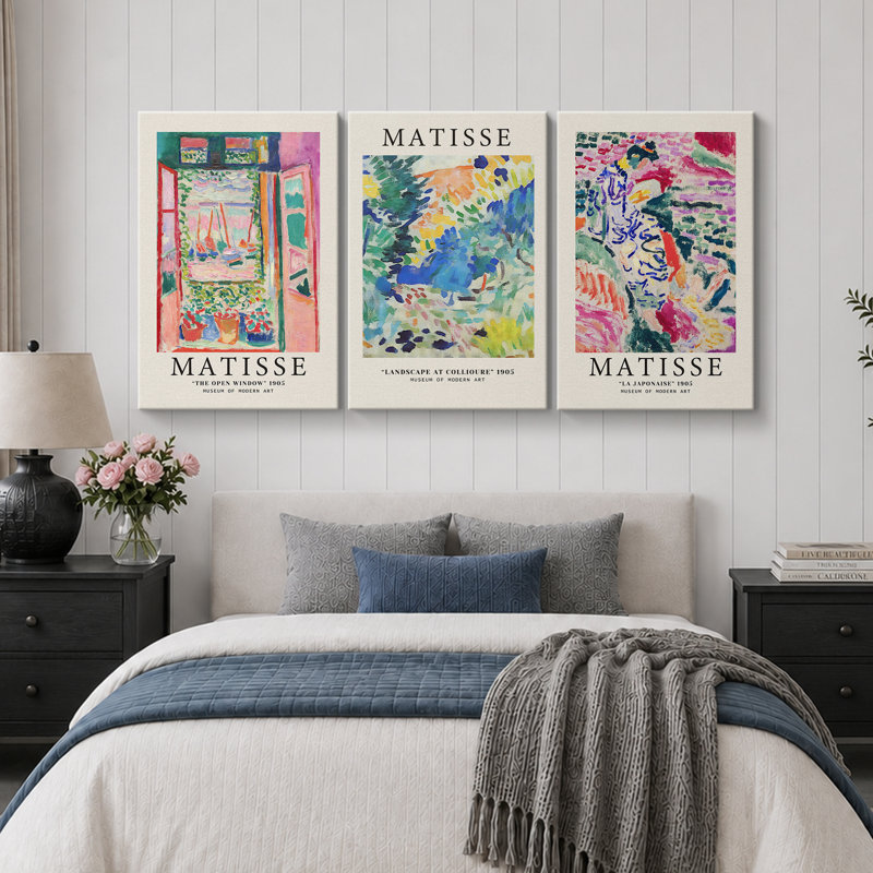 Classical Artwork "Vibrant coloré, décoration murale Henri Matisse, images murales de paysage abstrait moderne, grande impression sur toile encadrée, ensemble d'art mural 3 pièces"