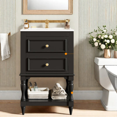 Meuble-lavabo (doit inclure à la fois un meuble-lavabo et un lavabo) avec rangement, salle de bain moderne en bois aggloméré noir de 20 po