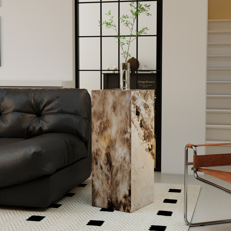 Square Faux Marble and Concrete End Table, 36" H x 14" W x 14" D, Brown