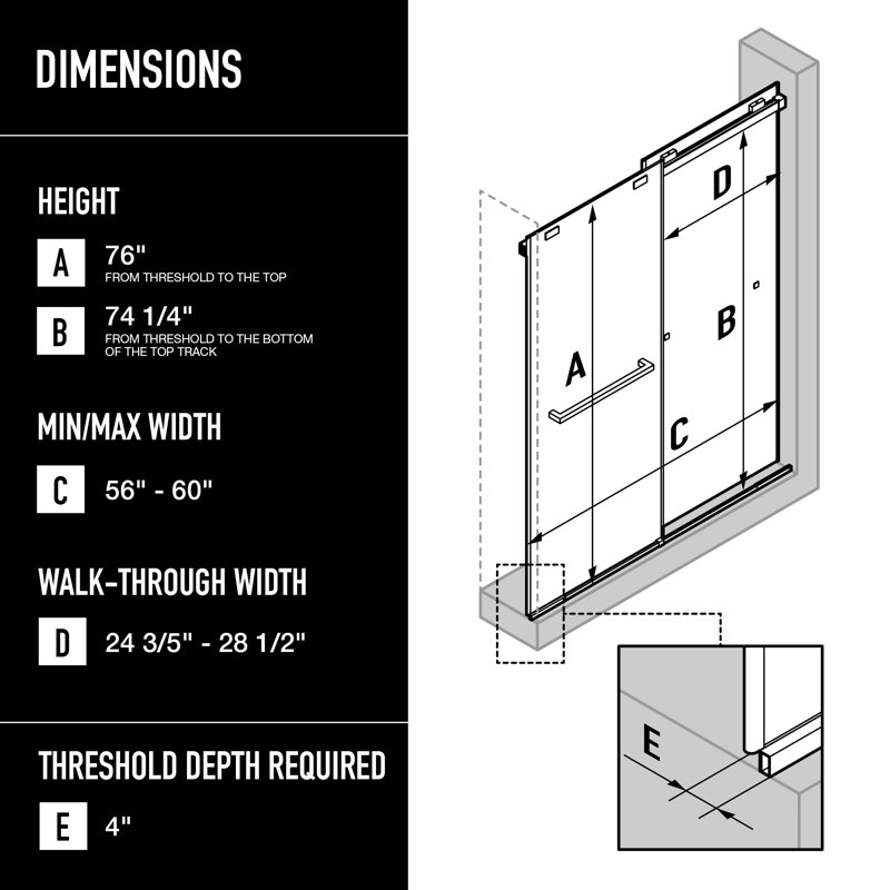 Houston 56-60" W x 76" H Sliding Frameless Shower Door with 3/8" Clear Glass, Stainless Steel