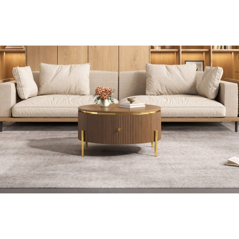 Table basse ronde moderne avec 2 grands tiroirs de rangement, brun, 31,5 po, Brun