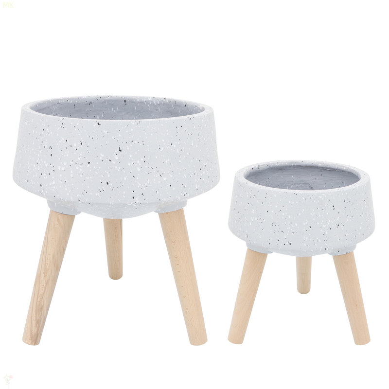 Jardinière S / 2 11/15 po Terrazzo avec pieds en bois