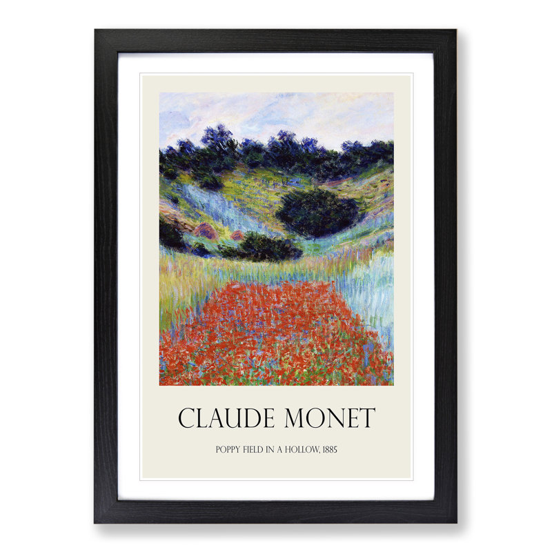 Poppy Field in a Valley Print by Claude Monet - Picture Frame Painting, 65cm H x 48cm W x 2cm D, Black Framed