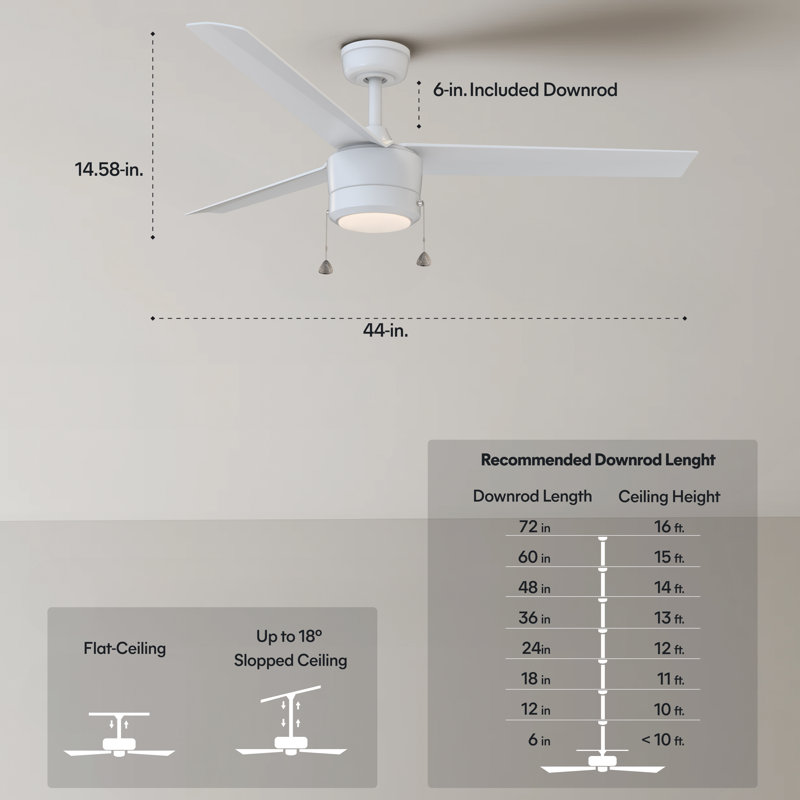 Skelton 44'' Indoor Ceiling Fan with Light, 3-Blade Pull Chain Ceiling Fan, Reversible AC Motor, Color Changing LED Light Kit - Matte White