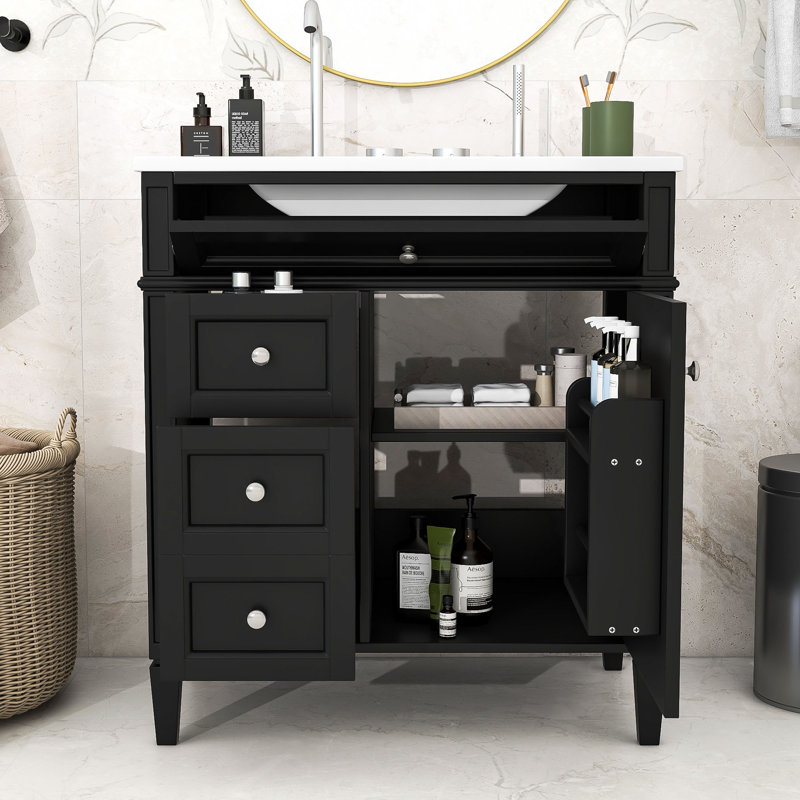 Meuble-lavabo de salle de bain avec comptoir en céramique et plateau coulissant en céramique sriyaan, Noir, noir, noir, noir