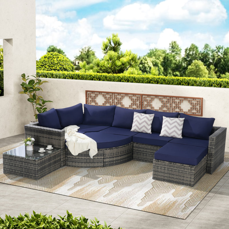 Ensemble de canapé modulaire d'extérieur 8 pièces, ensemble de conversation en osier en rotin PE avec coussins à séchage rapide, bleu foncé