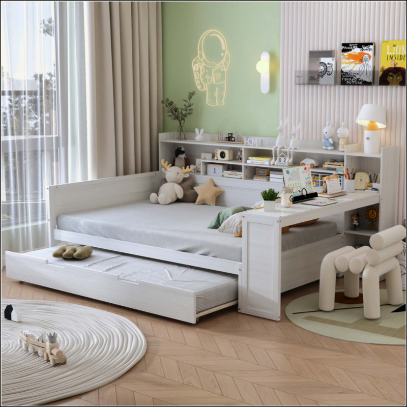 Lit de jour en bois avec tablettes de rangement, lit multifonctionnel avec lit gigogne simple et bureau