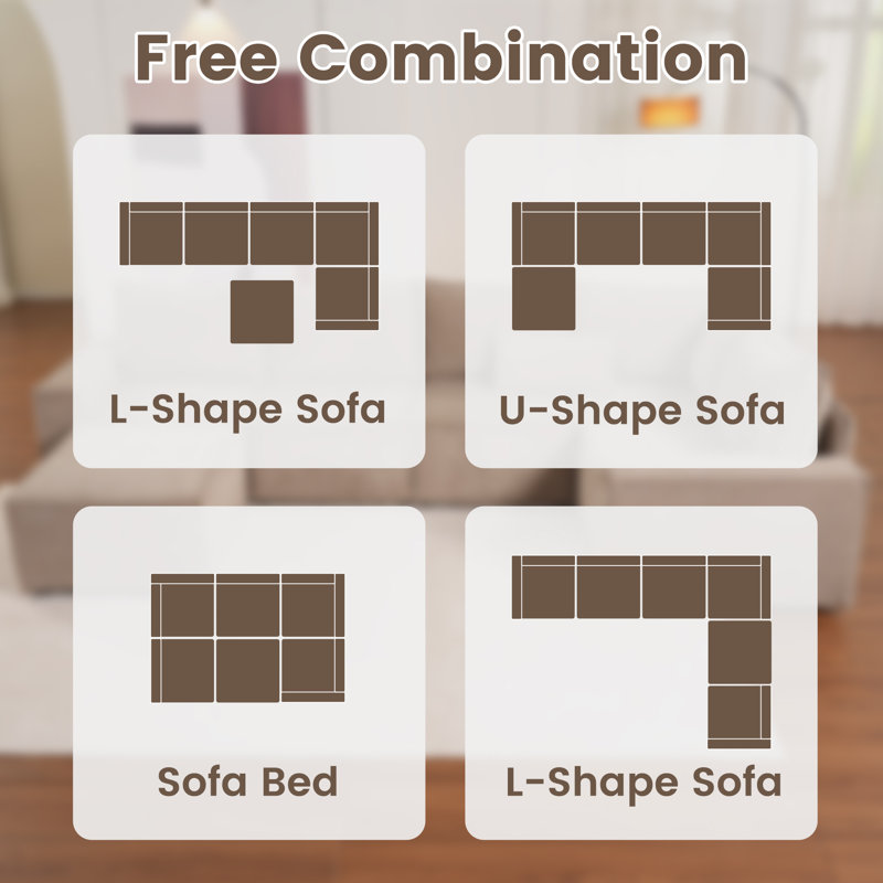 Corduroy 115.9" Module Sofa Seating Six, Corner Sectional with Ottoman,Can Be Free Combination, Brown