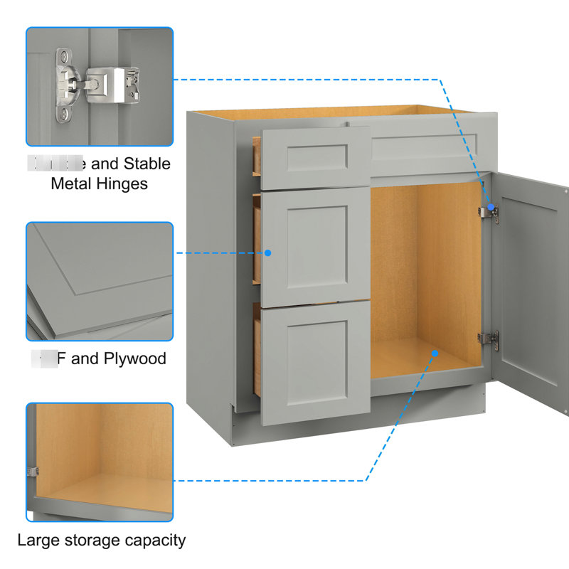 34,5 po Meuble-lavabo en contreplaqué H gris Shaker - options de rangement polyvalentes de l 30 po x P 21 po et base de lavabo à porte gauche
