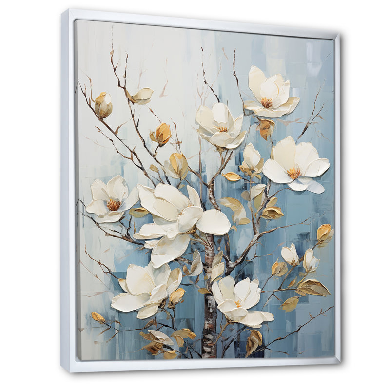 «White and Blue Magnolia Blossom Beauty IV», reproduction sur toile, Cadre flottant blanc, H 32 po x l 24 po x P 1 po