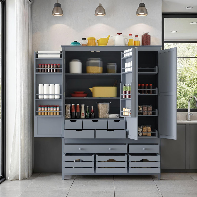 Garde-manger en bois de pin avec 10 tiroirs, 4 plateaux, Gris