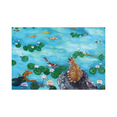 Orange Cat At Koi Pond by Laura Iverson - Wrapped Canvas Painting