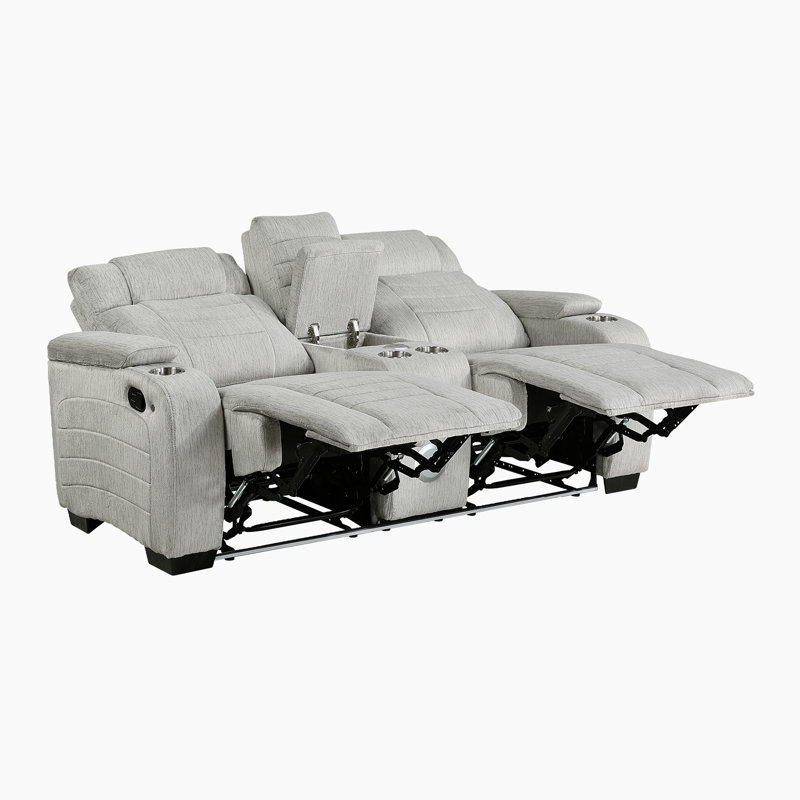 Denning 73" Modern & Contemporary Microfiber Double Reclining Love Seat with Wireless Speakers, LED Lighting, Storage Arms & Wall-Hugger Design