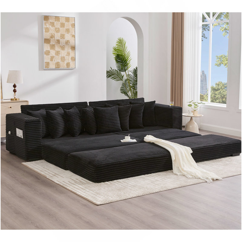 Canapé modulaire en L 110,75 po, canapé modulaire en velours côtelé, avec porte-gobelet mobile, porte-gobelets, 8 coussins décoratifs, poche latérale, déplier dans un lit, noir