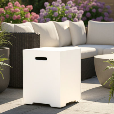 Housse de réservoir de propane 40 cm (16 po), table de rangement rétractable pour réservoir extérieur de 9 kg (20 lb) pour foyers à gaz, support pour réservoir en béton, gris ciment, gris pâle