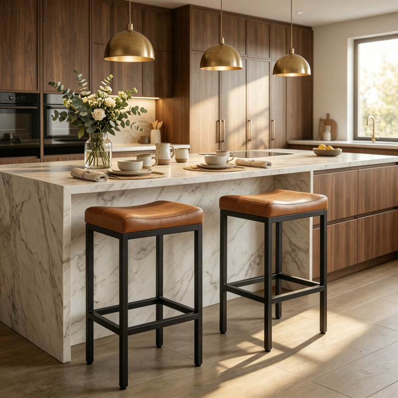 Bar Stools Set Of 2, 29.25" Backless Counter Height Bar Stools With Soft Leather Seat And With Footrest, 400 LB Heavy Duty Padded Saddle Barstool Chair For Modern Kitchen Island Counter