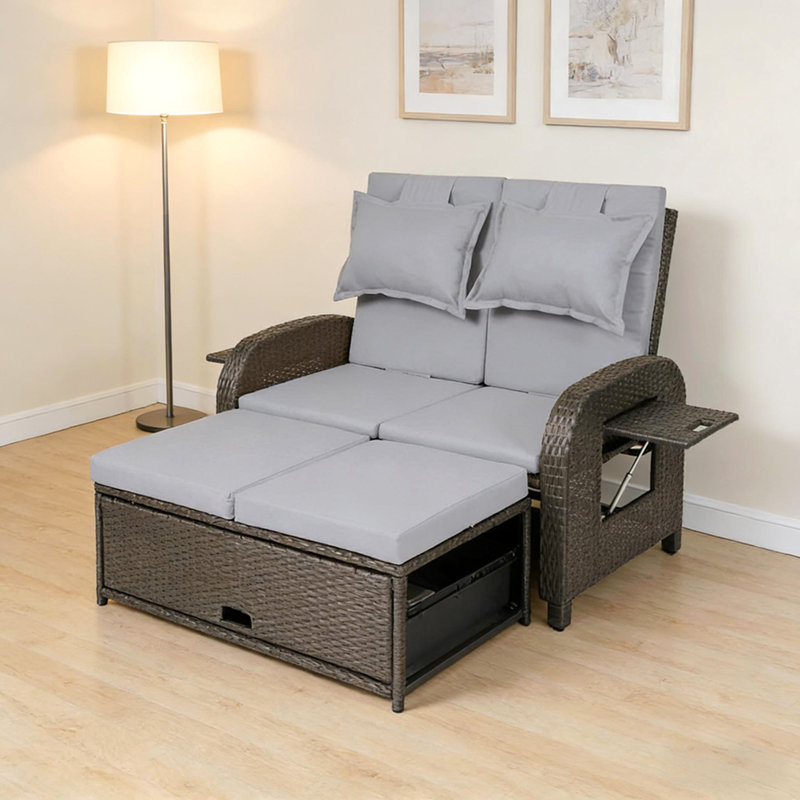 3-In-1 Convertible Design Reclining Sofa,Wicker Outdoor Daybed,Rattan Daybed