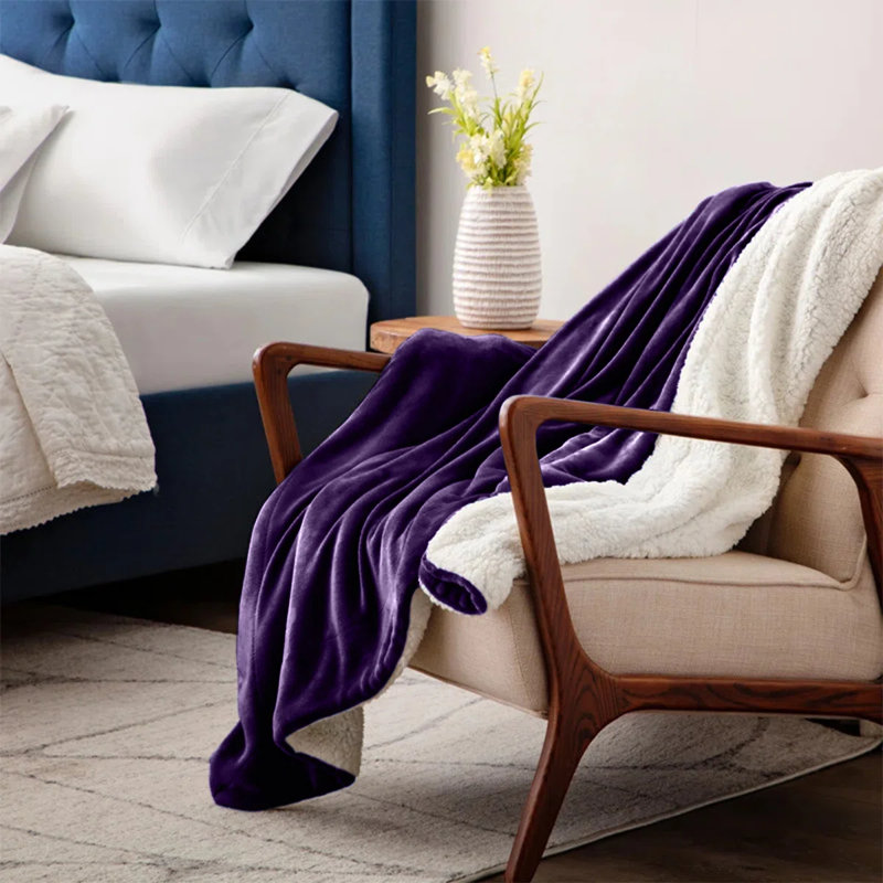 Reversible Soft Sherpa Fleece Fur Thick Dual Sided Blanket Throw, 200cm x 240cm, Purple