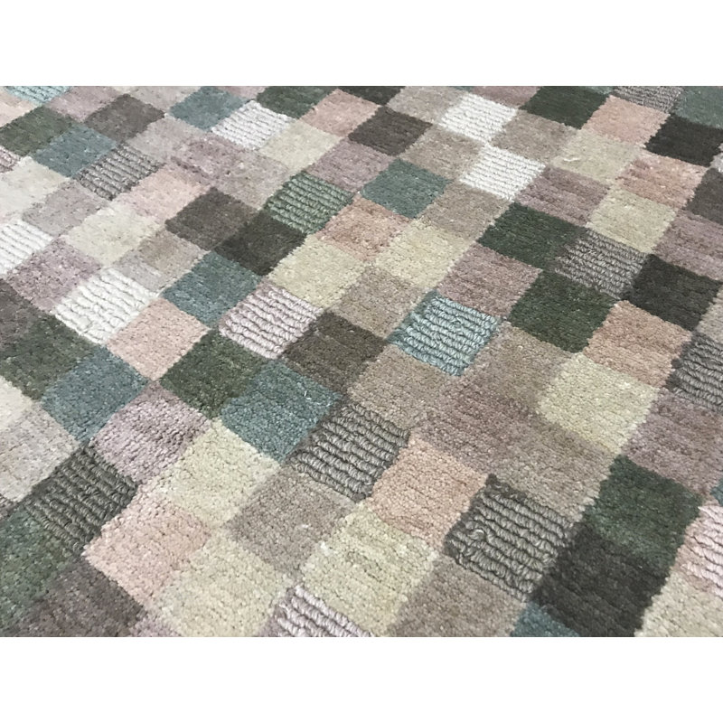 Tapis vert, rose et crème noué à la main de haute qualité