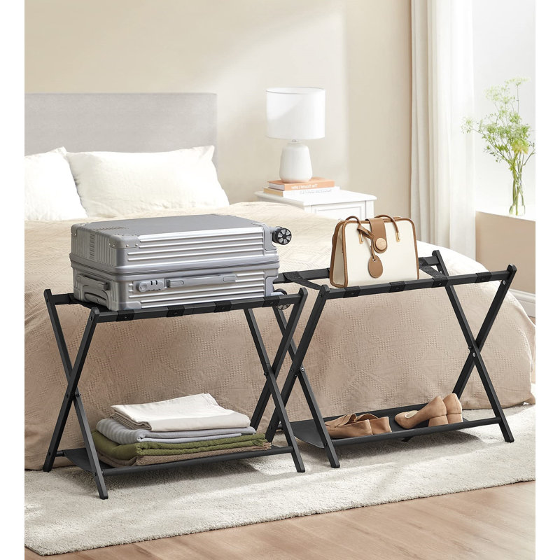 Set of 2 Foldable Luggage Racks with Storage Shelf for Guest Room, Black