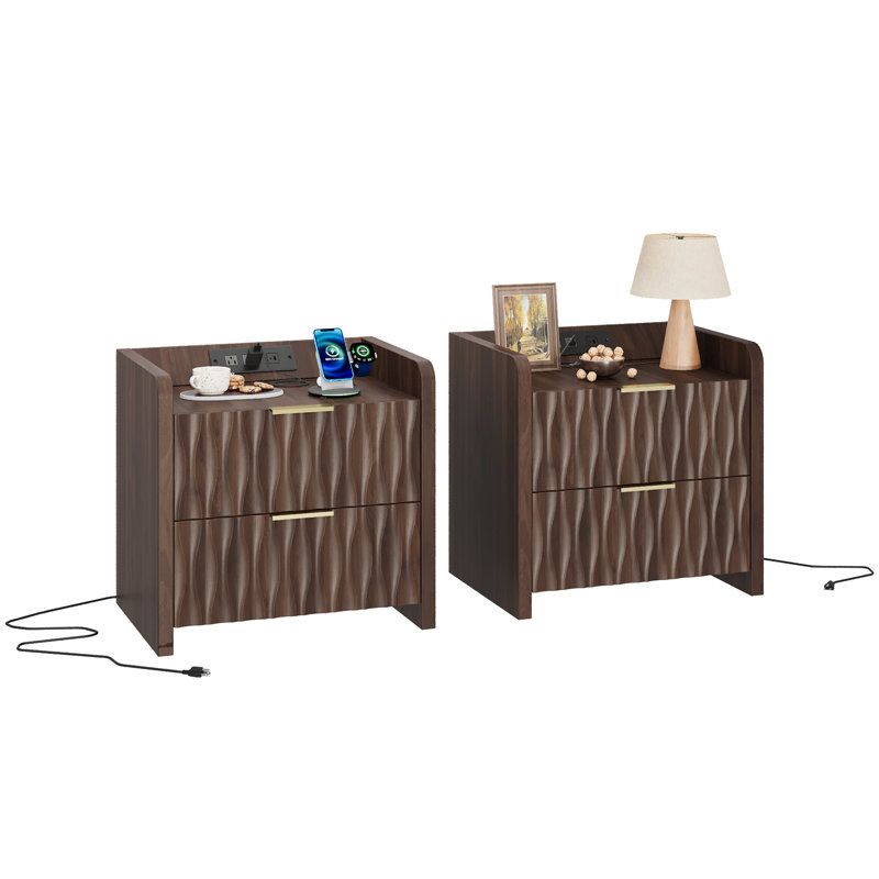  Nightstand Set Of 2, Storage End Table With 2 Drawer Unit, Charging Bedside Table For Bedroom And Living Room, Walnut, Brown