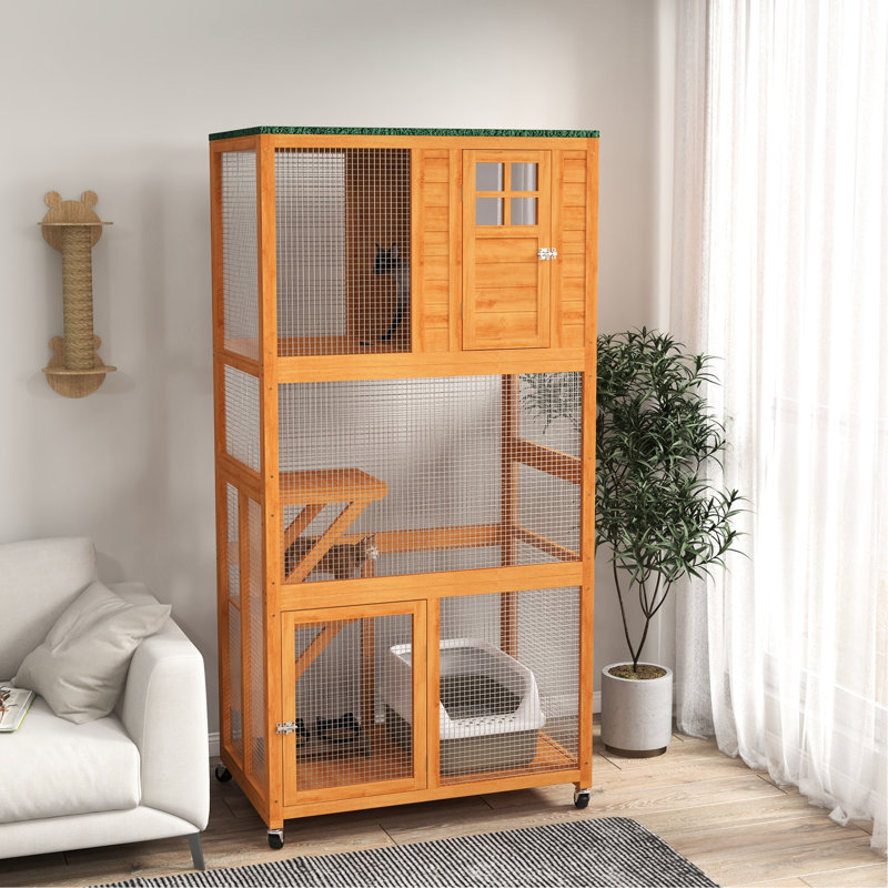Maison de chat 74 po - Structure extérieure en bois avec roues pour grands chats, enclos orange