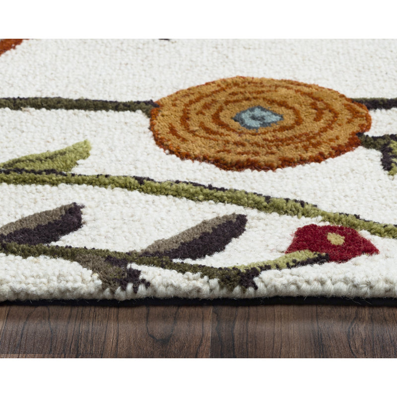 Ivoire en laine Touffetée à la main florale/Tapis décoratif orange, Rectangle 5 pi x 3 pi