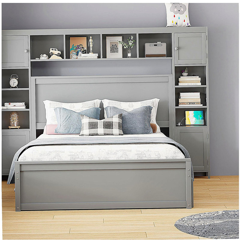 Grand lit en bois complet avec garde-robe, tablette de rangement et prise de courant, lit double superposé XL, gris, Gris