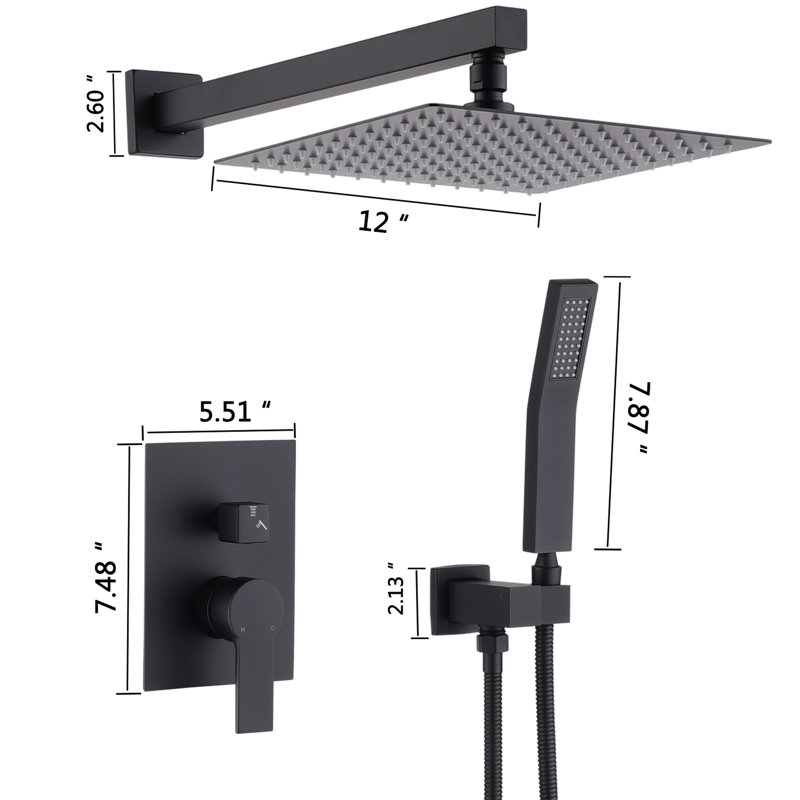 12 Inch Bathroom Rain Shower With Handheld - Stainless Steel Matte Black Balanced System In Head, Matte Black
