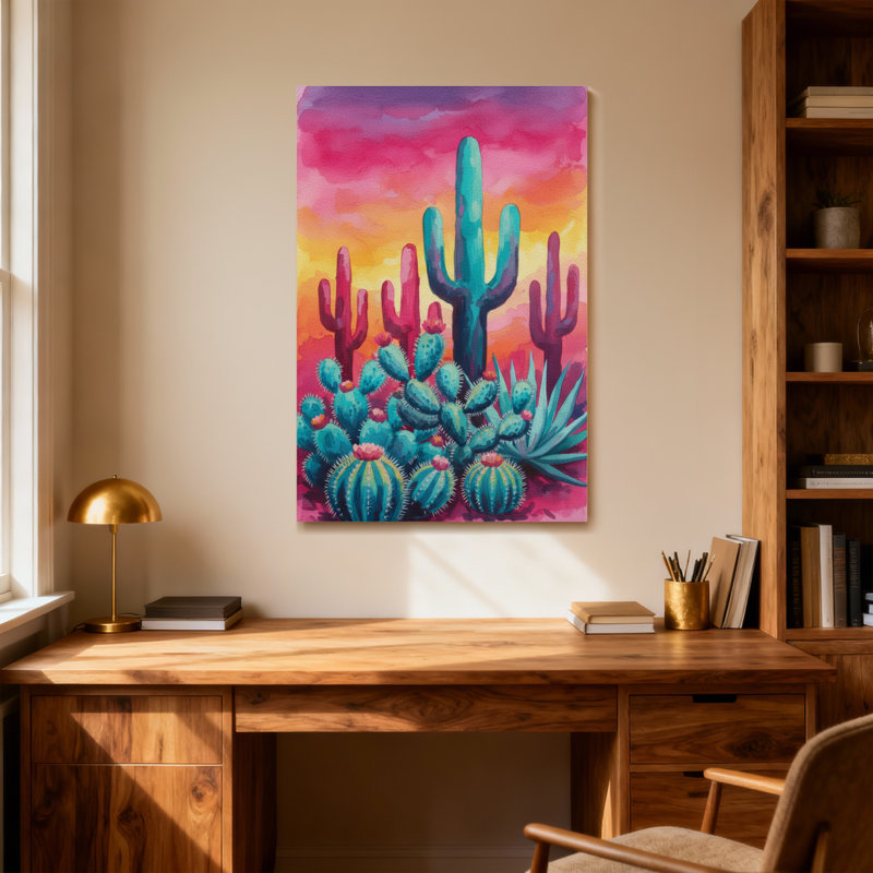 Plantes et fleurs, paysage de cactus coloré au coucher du soleil, H 30 po x l 20 po