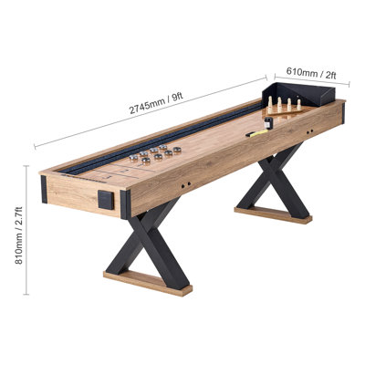 Table de jeu de palets, jeu de palets de 9 pi pour les salles de jeux familiales, ensemble de jeu de palets 2 en 1 et jeu de quilles avec plateau de jeu résistant aux égratignures, pieds, 8 rondelles, jeu de quilles, cire et brosse de table