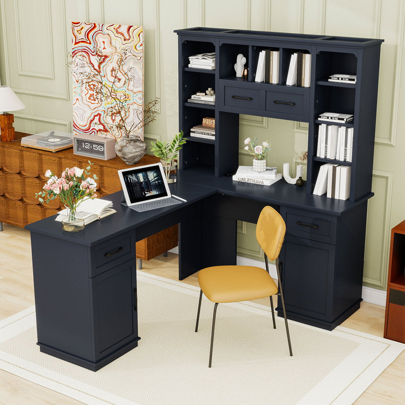 Bureau d'ordinateur en L avec armoire de rangement et prise de courant, Bleu antique