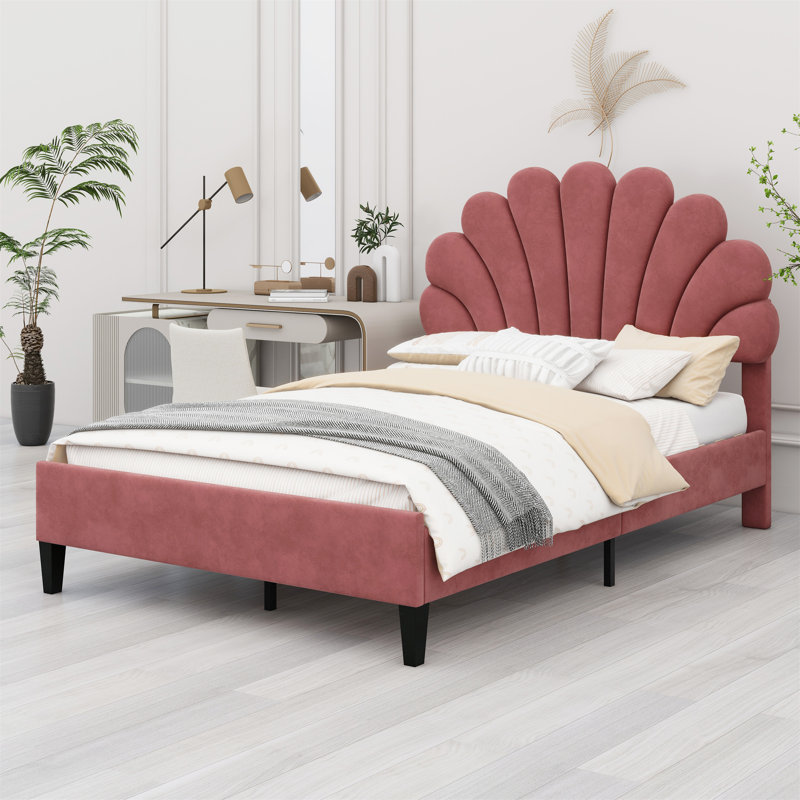Upholstered Platform Bed With Flower Pattern Headboard