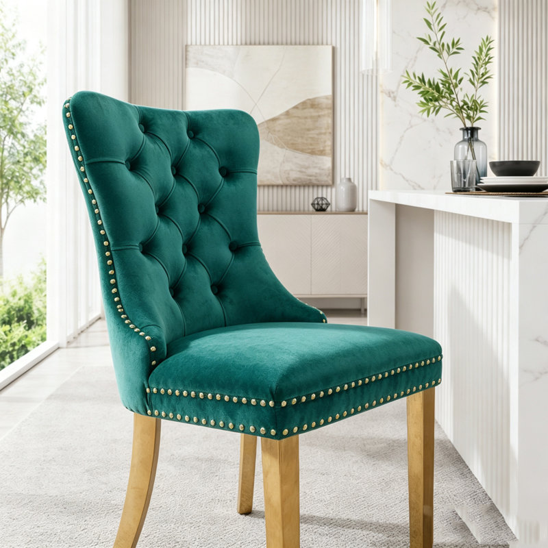 Chaise de salle à manger contemporaine en bois massif, recouverte de velours, avec pieds en acier inoxydable chromé., Vert