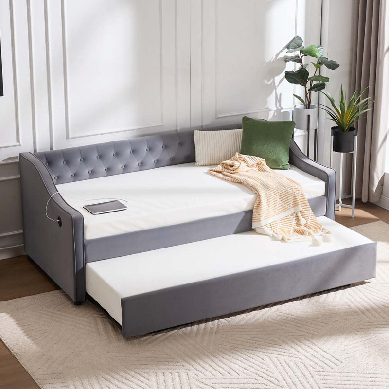 Lit de jour en velours avec couchette, port USB, poches latérales, Gris