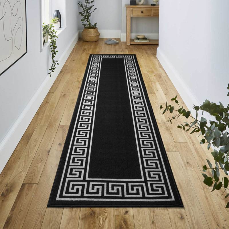 Greek-Key Black Grey Non-Slip Polypropylene Area Rug — Washable Door Mat & Hallway Runner for Living Room, Kitchen & Bedroom