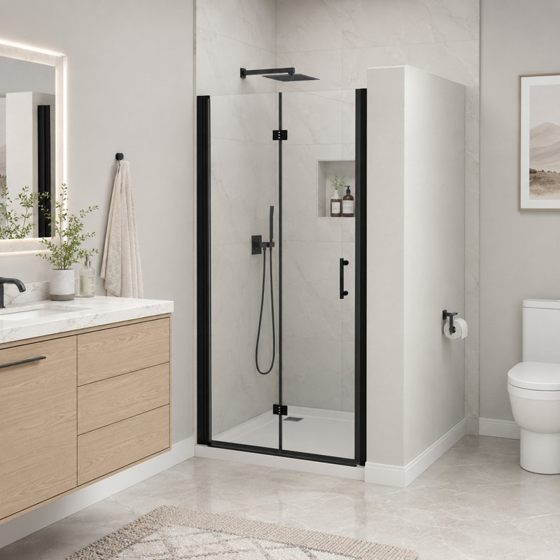 34" W x 72" H Bifold Shower Door with 1/4" Tempered Glass, Adjustable Width & Reversible Installation, Matte Black