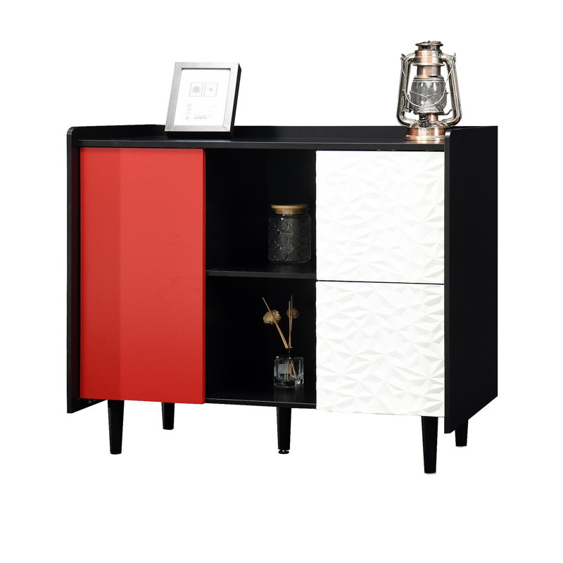 Sideboard Buffet Cabinet, Black Storage Cabinet With Red Doors , 2 Drawers With Unique Panel Styling And 2 Open Storage Compartment, Modern Coffee Bar Cabinet Accent Cabinet For Kitchen, Dining Room,
