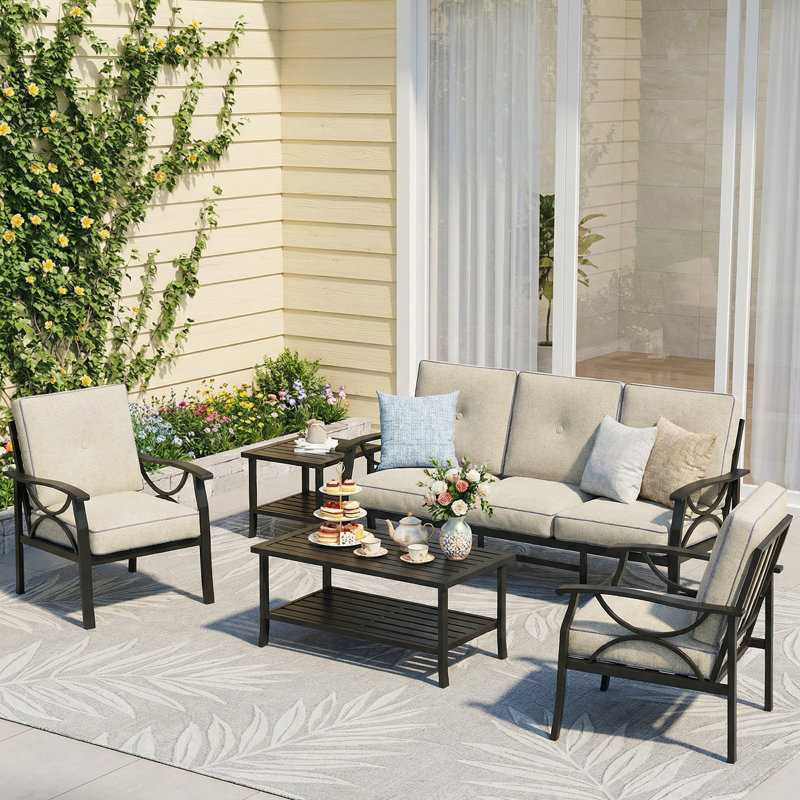 Ensembles de meubles de patio 5 pièces, Black Frame/Khaki Cushion