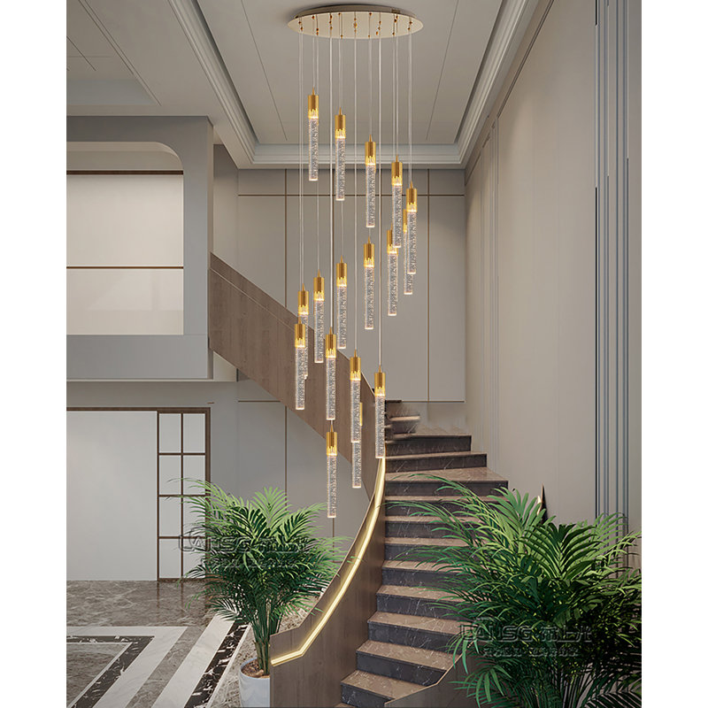 Lustre d'escalier doré à 20 lumières, suspension colonne en cristal à bulles, 3000-6000K, H 132 po x l 24 po x P 24 po, Or