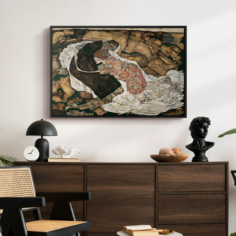 La mort et la jeune fille, 1915 - Egon Schiele, toile tendue avec châssis, 24 po x 36 po, Noir
