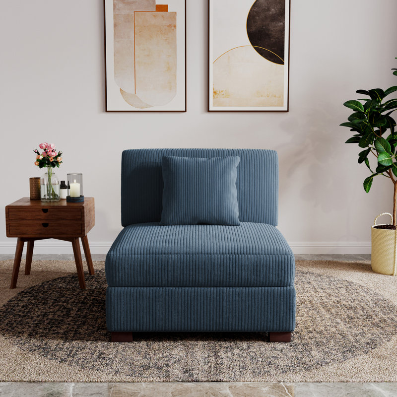 Milbrey Upholstered Navy Corduroy Armless Accent Chair with Pillow Back and Solid Wood Legs, Navy, Corduroy
