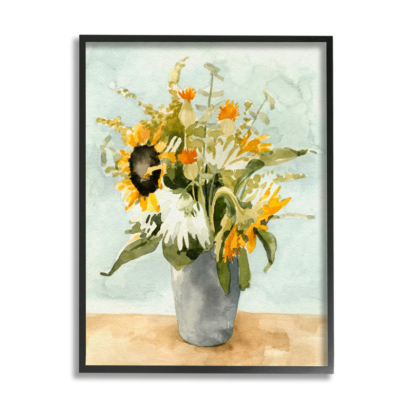 «Mixed Sunflower Bouquet Country Florals» par Emma Caroline - peinture sur bois, Giclée encadrée noir minuit