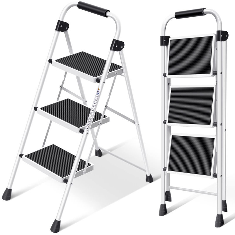 Step Ladder 3 Step Folding With With Anti-Slip And Wide Pedal,Portable Foldable,White, White