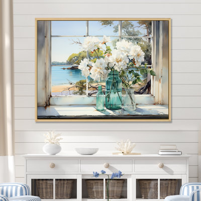 «Blue Window Beachfront View Blooms III - Coastal Windows», reproduction sur toile encadrée