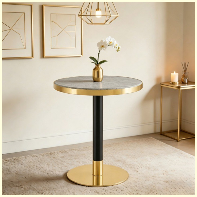 Table basse ronde de luxe moderne 23,6 po, plateau en panneau de fibres à densité moyenne à texture marbrée avec finition peinture UV, bordure en acier inoxydable, pieds en métal, table d'appoint de salon