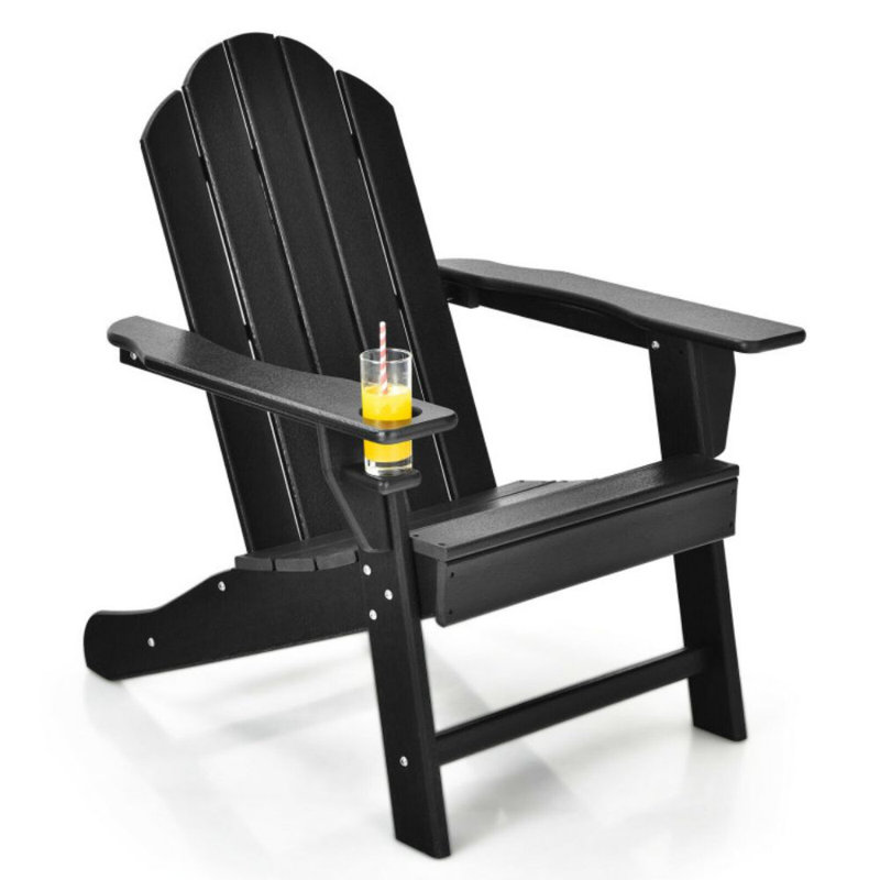 Outdoor Adirondack Chair With Built-In Cup Holder For Backyard Porch, Black