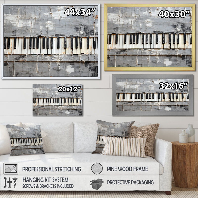 Minimalisme, touches de piano grises et blanches - musique, art mural de piano pour le salon, H 12 po x l 20 po x P 1 po