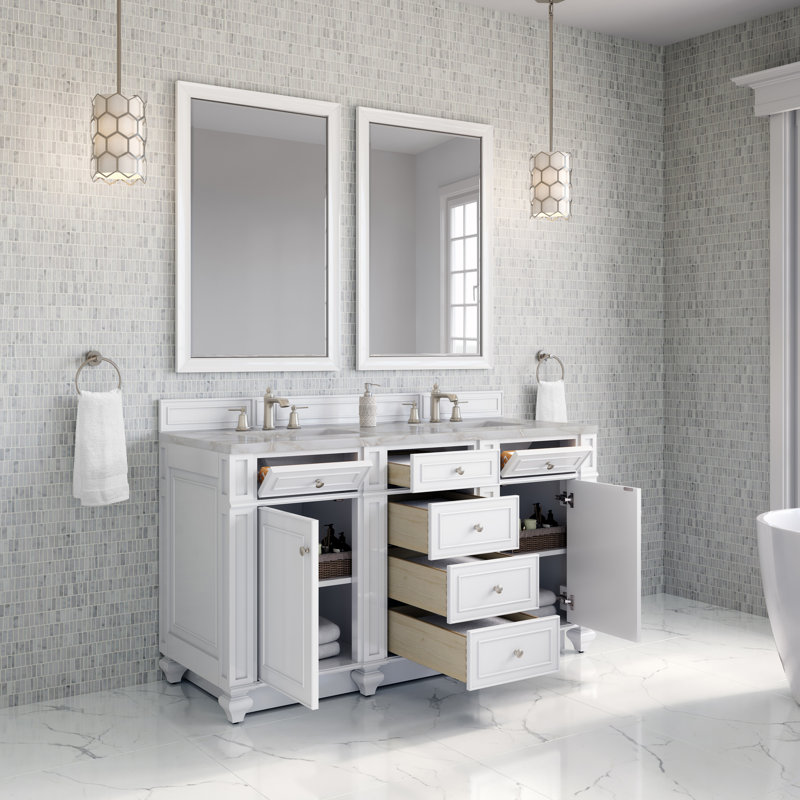 Bristol 60 in. Double Vanity, Bright White, Victorian Silver, 8" Widespread