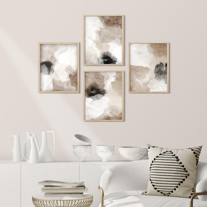 Brun, brun clair, gris, formes abstraites, minimaliste, décor de chambre à coucher, décor rustique et zen, encadré sur papier, impression de 4 pièces